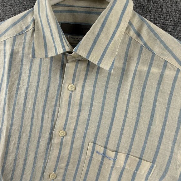 Givenchy Men Size 100 Ivory Blue Striped Wool Blend Goldentex Woven Short Sleeve - Picture 1 of 16